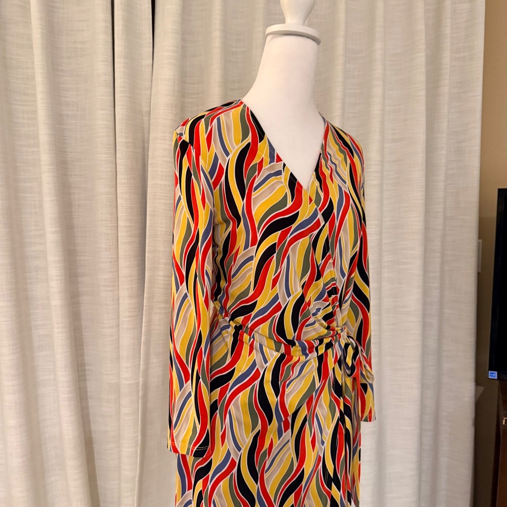 J.Crew 2 Faux Wrap Dress Multicolor Abstract Brunch Resort Knee Length Tie Waist - Picture 14 of 16